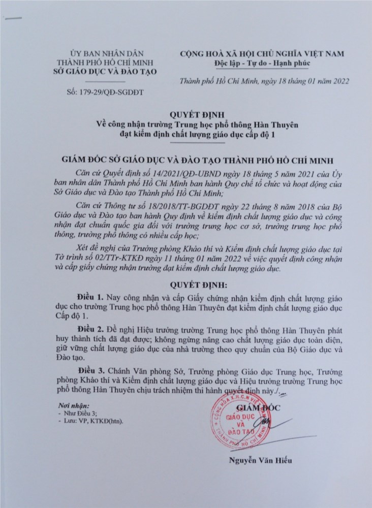 Kết quả kiểm định chất lượng giáo dục năm học 2021-2022