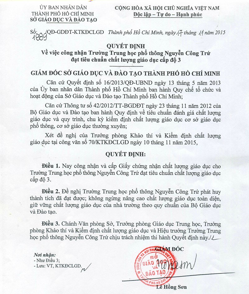 Quyết định công nhận đạt tiêu chuẩn chất lượng giáo dục năm học 2015 - 2016