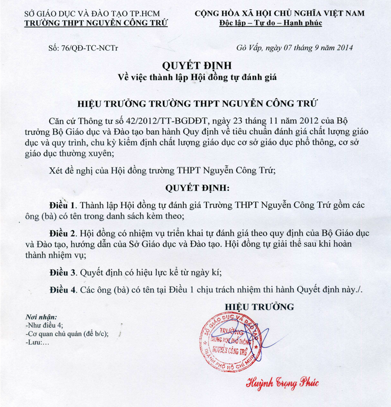 Quyết định thành lập hội đồng tự đánh giá 2015 - 2016