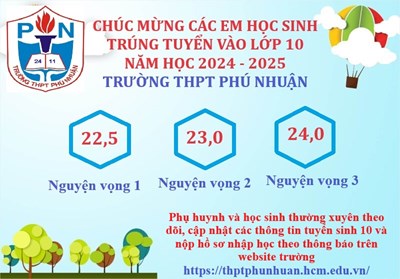 Chúc mừng các em học sinh trúng tuyển vào Lớp 10 Trường THPT Phú Nhuận - Năm học 2024 - 2025